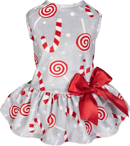 Christmas Candy Canes Dog Dress for Small Dogs Pet Apparel, Silver, Red, White, Medium