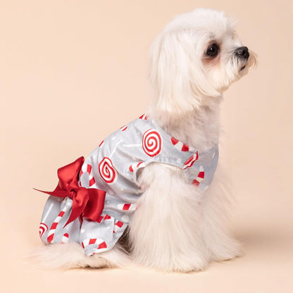 Christmas Candy Canes Dog Dress for Small Dogs Pet Apparel, Silver, Red, White, Medium